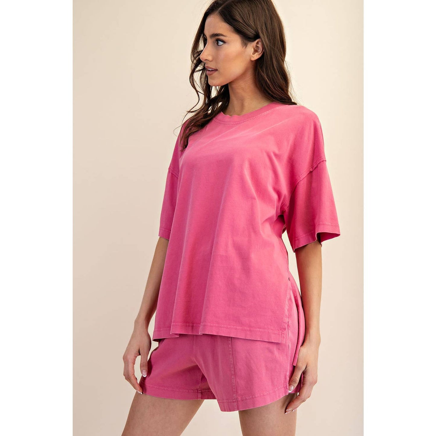 PRISCILLA  MINERAL WASHED COTTON OVERSIZED SLIT TEE & SHORTS
