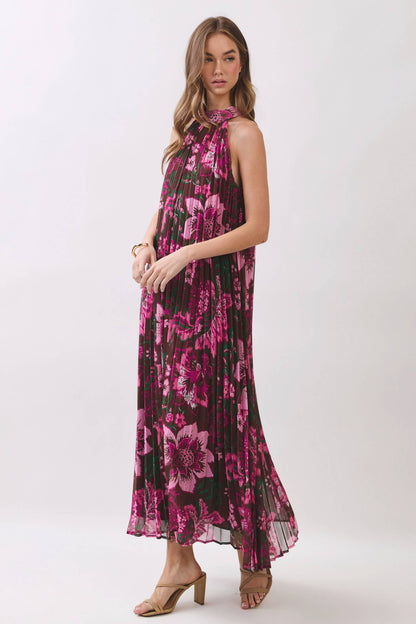 Everleigh Floral Print Pleated Halter Maxi Dress