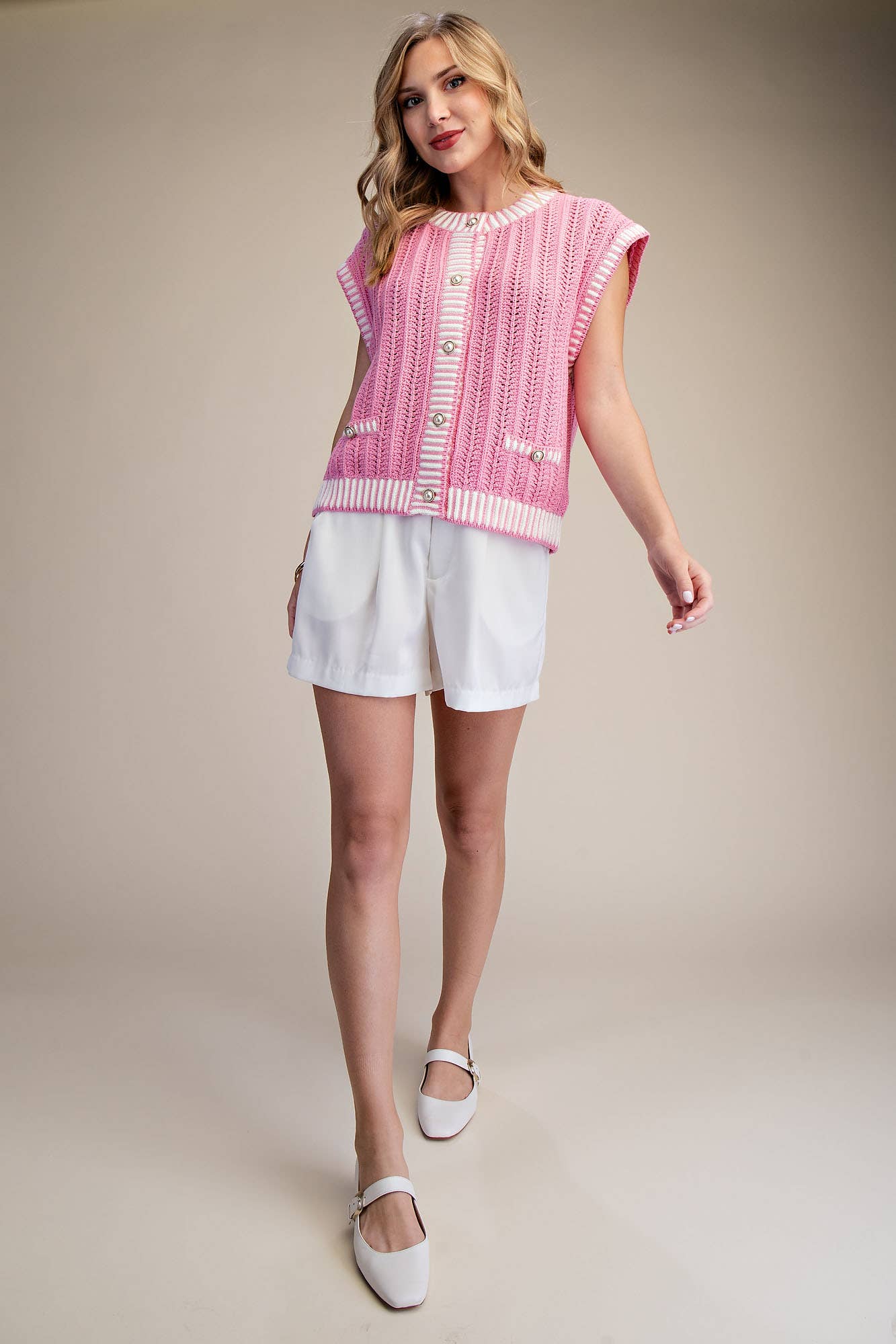 Mini Pearl Round Neck Sleeveless Button Down Stripe Sweater Vest
