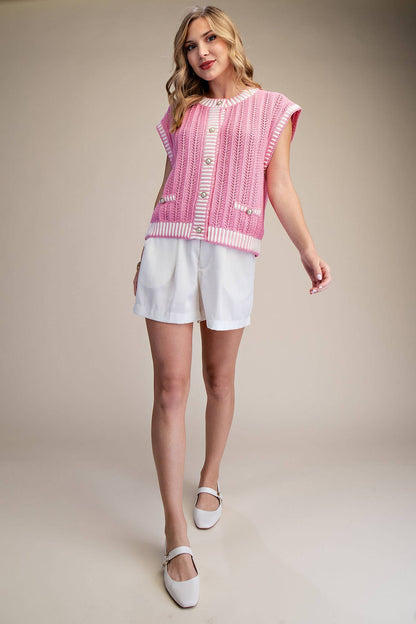 Mini Pearl Round Neck Sleeveless Button Down Stripe Sweater Vest