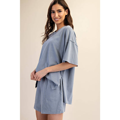 PRISCILLA  MINERAL WASHED COTTON OVERSIZED SLIT TEE & SHORTS