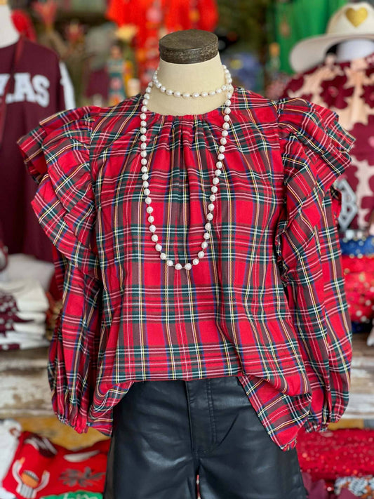 Elegant - red & green plaid ruffle Balloon Sleeve blouse