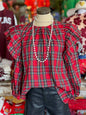 Elegant - red & green plaid ruffle Balloon Sleeve blouse