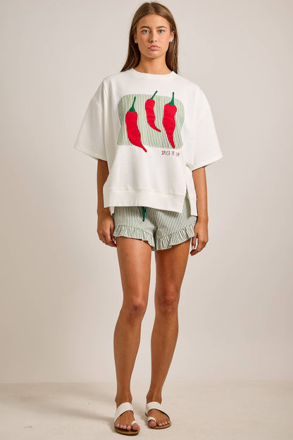 Green Pepper Stripe Ruffle Shorts With Contrasting Drawstring