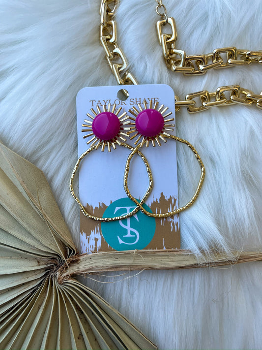 Hot Pink Sunburst Hoop Earrings