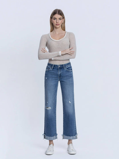MID RISE MEDIUM DARK WASH CUFFED SLIM WIDE JEANS