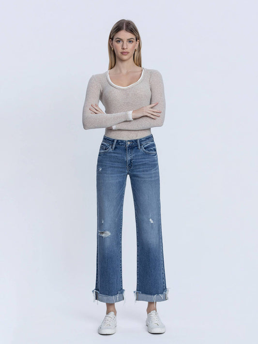 MID RISE MEDIUM DARK WASH CUFFED SLIM WIDE JEANS