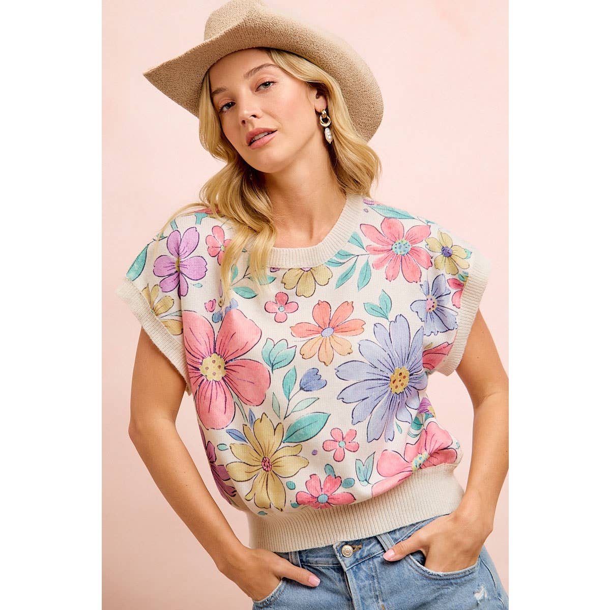 FLOWER ARTWORK PRINTED COZY KNIT TOP