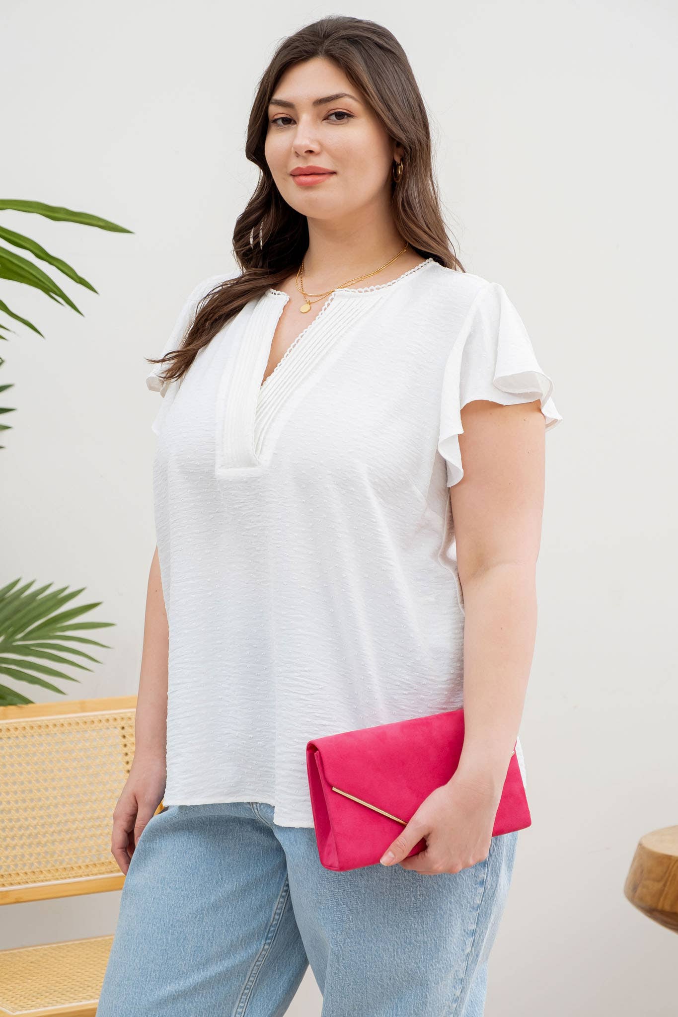 DAISY PLUS LACE EDGE SPLIT NECKLINE WOVEN TOP