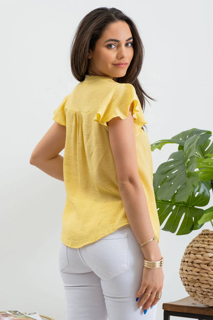 BROOKE LACE YOKE BUTTON DOWN SPLIT NECK BLOUSE