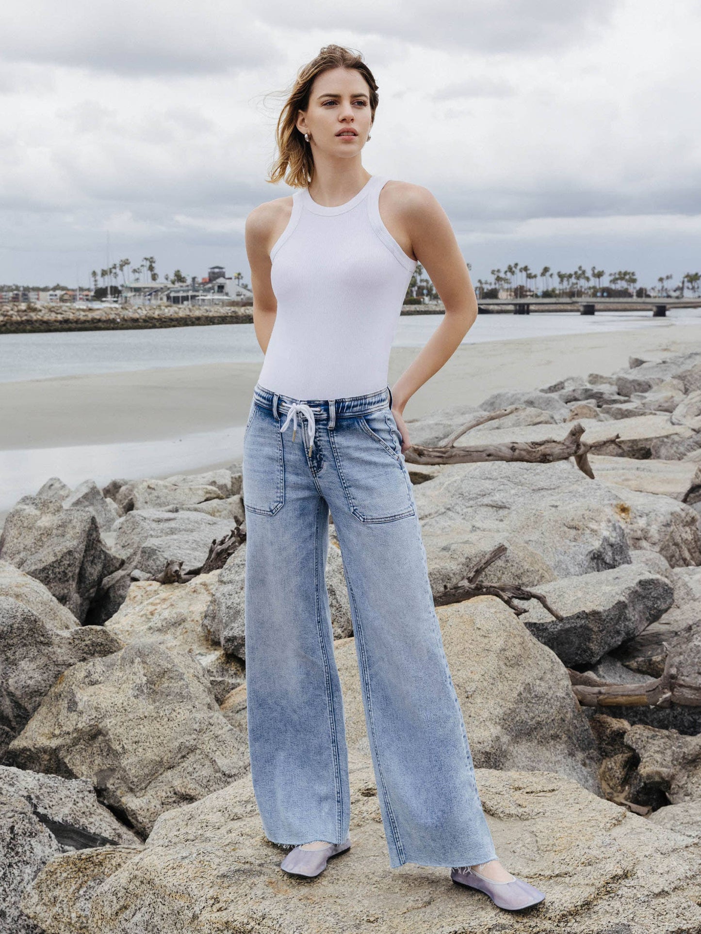KIM HIGH RISE DRAWSTRING WAISTBAND WIDE LEG JEANS
