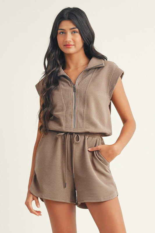 Lainey Textured Short Sleeve Half Zip Drawstring Waist Romper