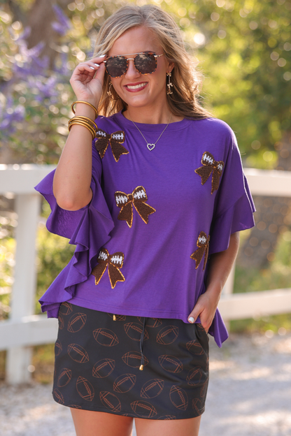 Friday Night Sideline Sparkle Ruffle Top- Purple
