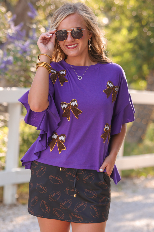 Friday Night Sideline Sparkle Ruffle Top- Purple