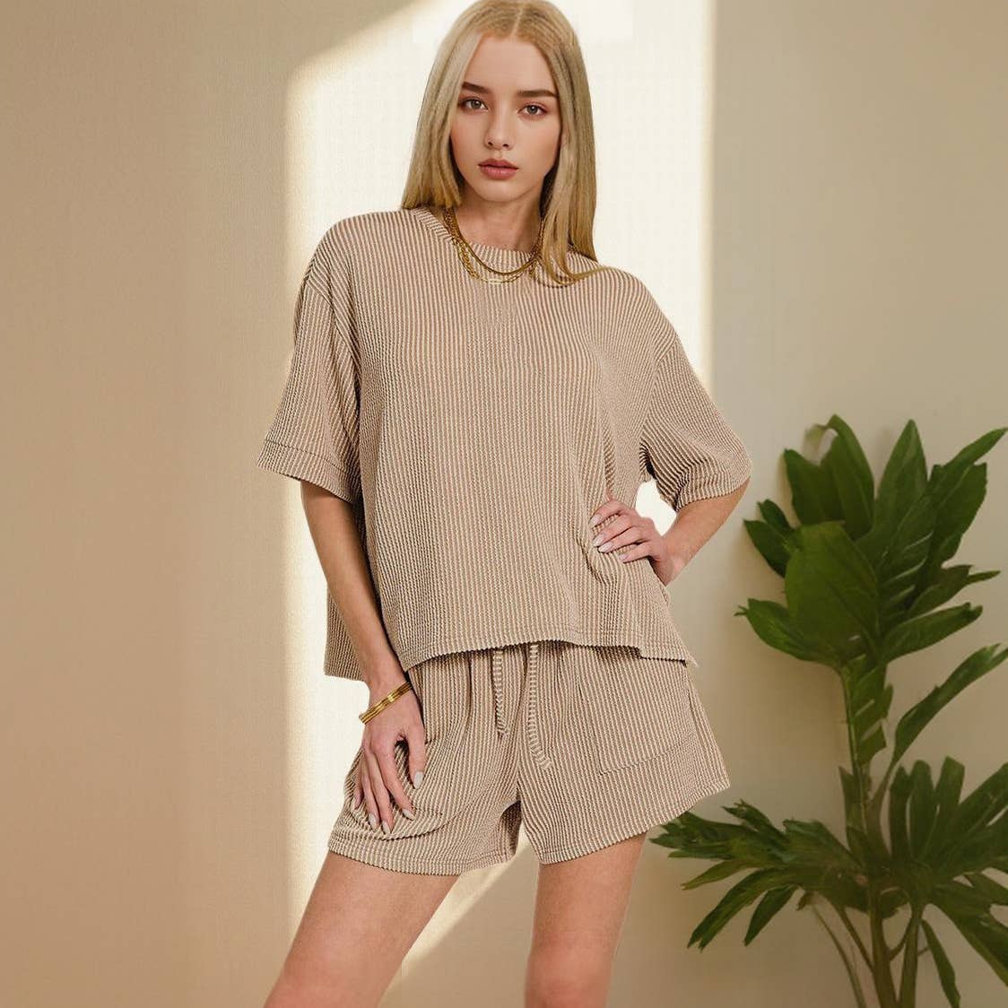 Corded Rib Half Sleeve Tee & Short Pants 2PC Set