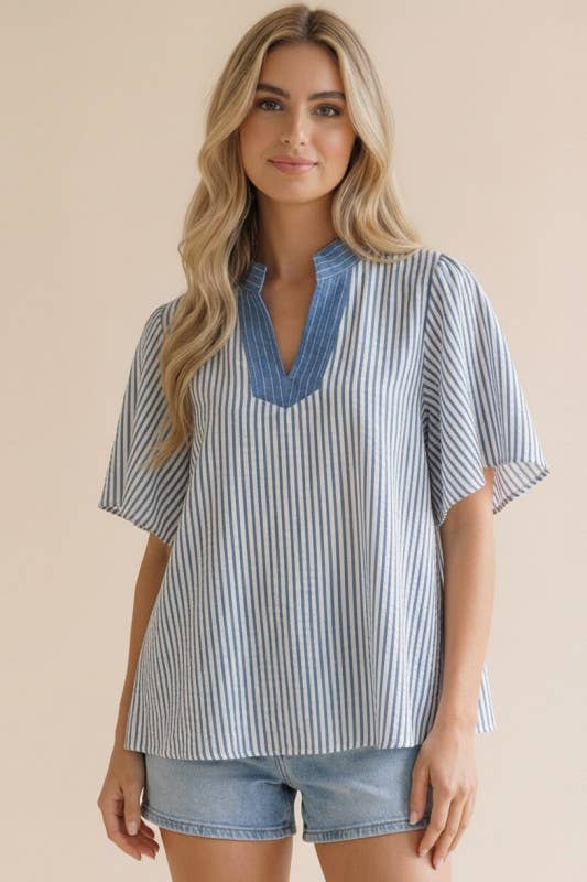 Plus- Stitched Neck Band Flutter Sleeve Stripe Top