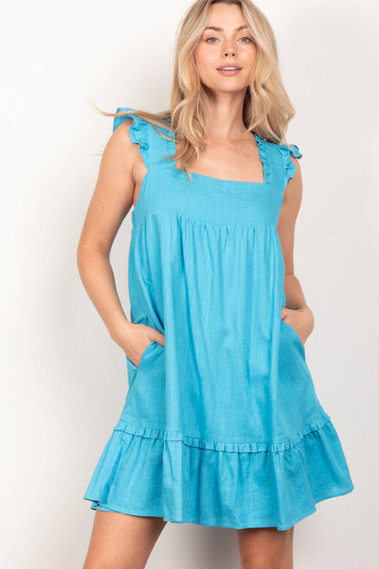 Madison Ruffled Solid Linen Backless Mini Dress