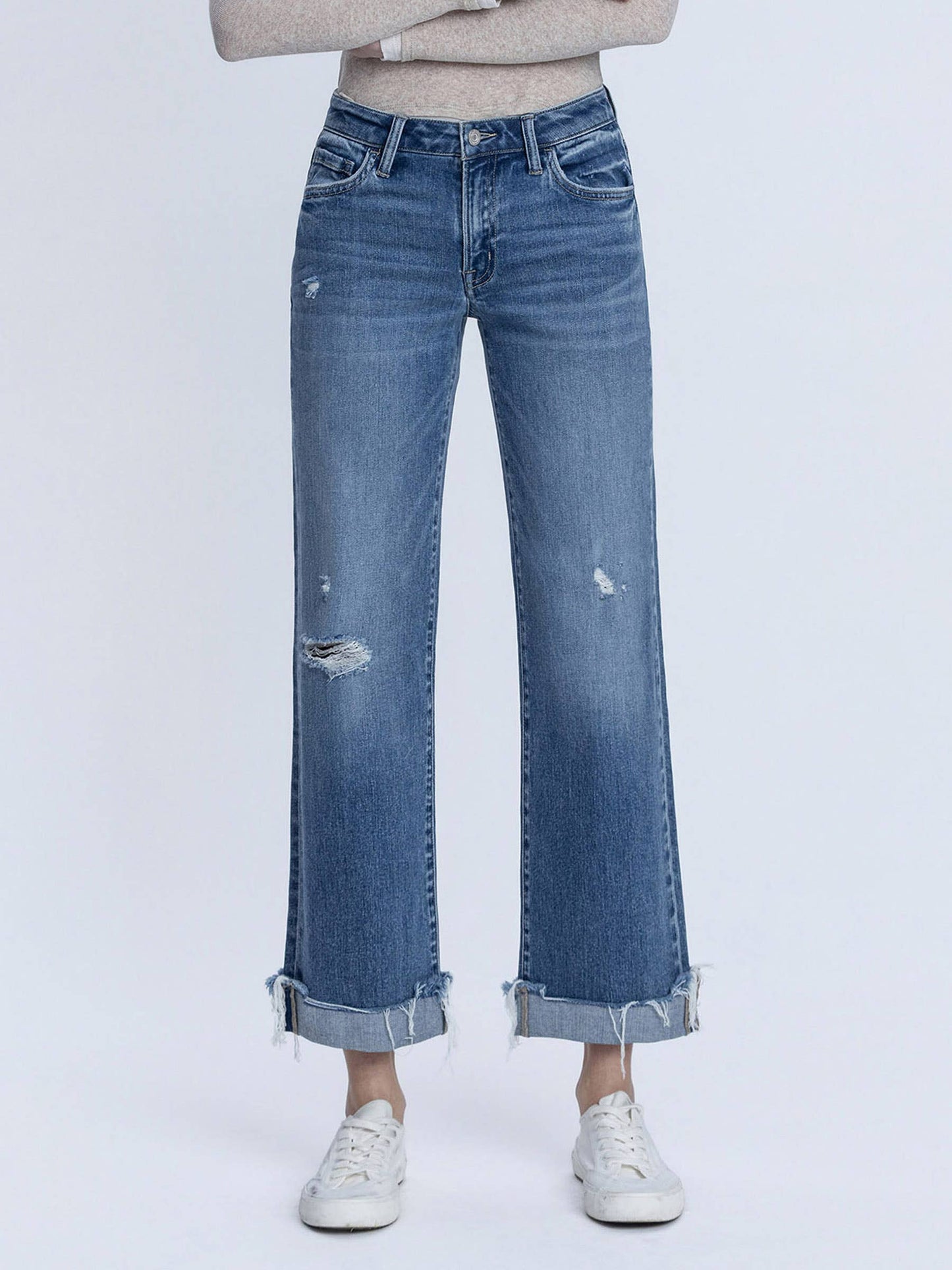 MID RISE MEDIUM DARK WASH CUFFED SLIM WIDE JEANS