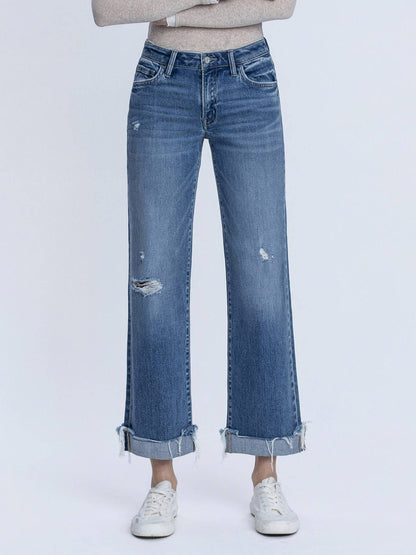 MID RISE MEDIUM DARK WASH CUFFED SLIM WIDE JEANS
