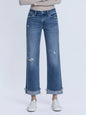 MID RISE MEDIUM DARK WASH CUFFED SLIM WIDE JEANS