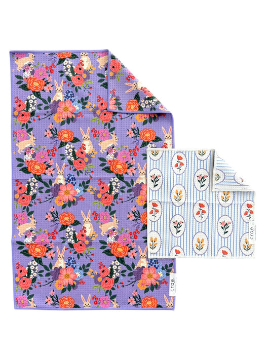 Fluffy Bunny & April Flowers: Double Sided-Hand Towel Washcloth Set