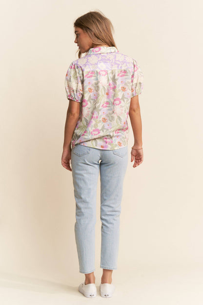 Tosha Floral Print Button Up Puff Short Sleeve Blouse
