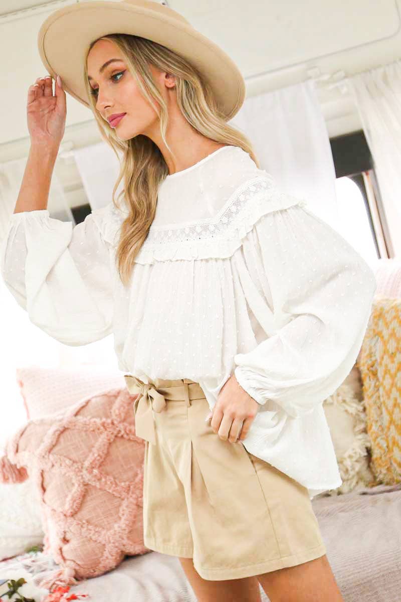Remi Lace-Up Back Detail Swiss Dot Patterned Blouse