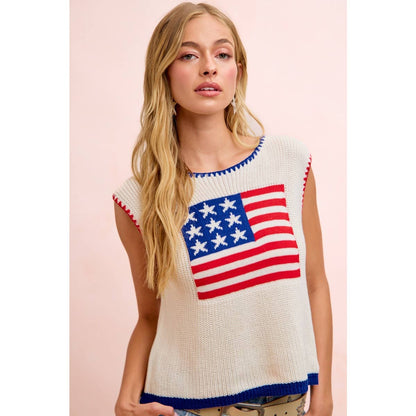 BESTY 4TH OF JULY THEME SLEEVELESS STITCH KNIT TOP