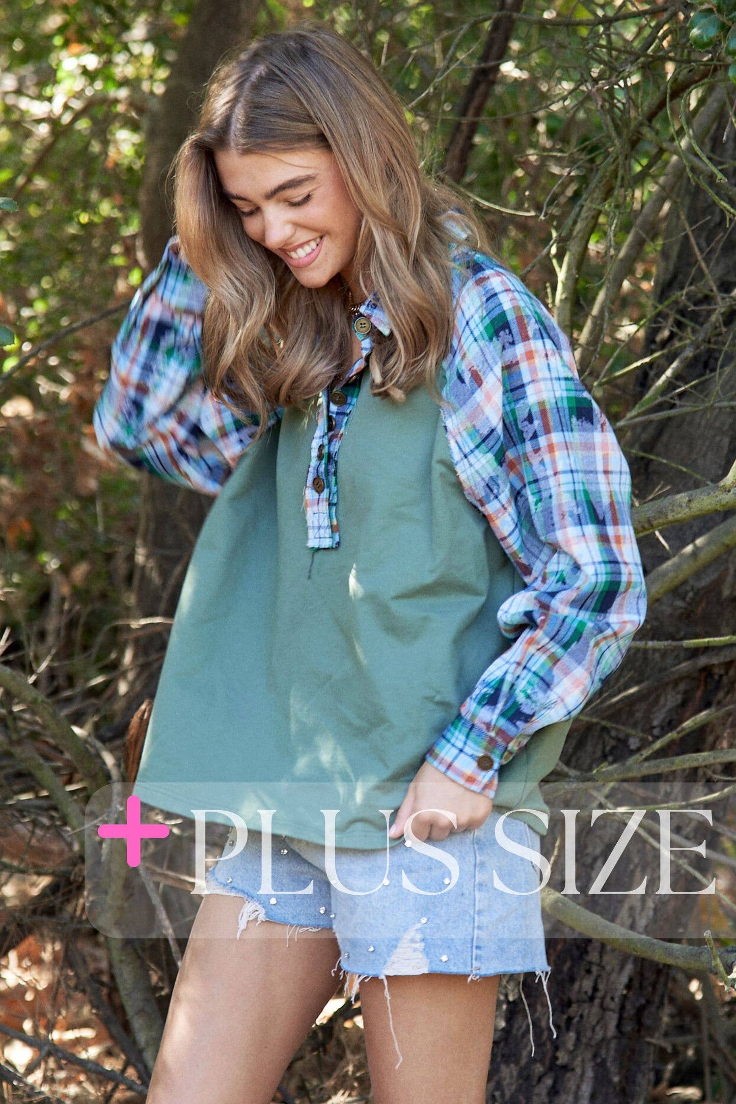 Serena Plaid Contrast Button Down Henley Top