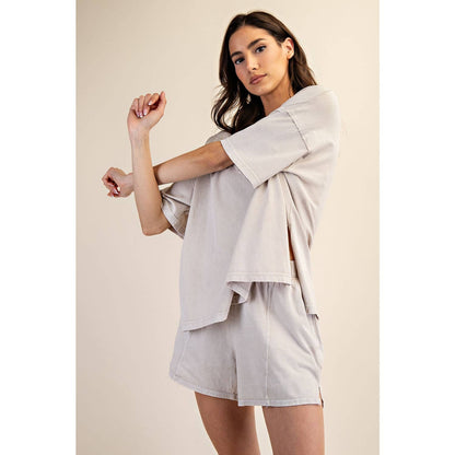 PRISCILLA  MINERAL WASHED COTTON OVERSIZED SLIT TEE & SHORTS