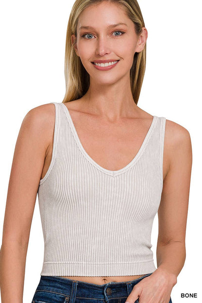 Blair Washed Ribbed Cropped Bra Padded V-neck Tank Top