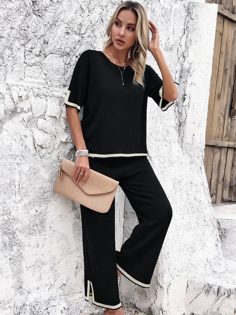 Abigale Contrast Trim Ribbed Knit Lounge Set
