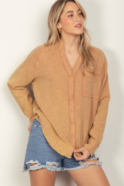 Diana Oversized Washed Woven Crinkled Gauze Shirt Top