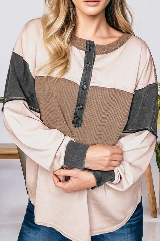 Patchwork Loose Henley Top (S-XL)