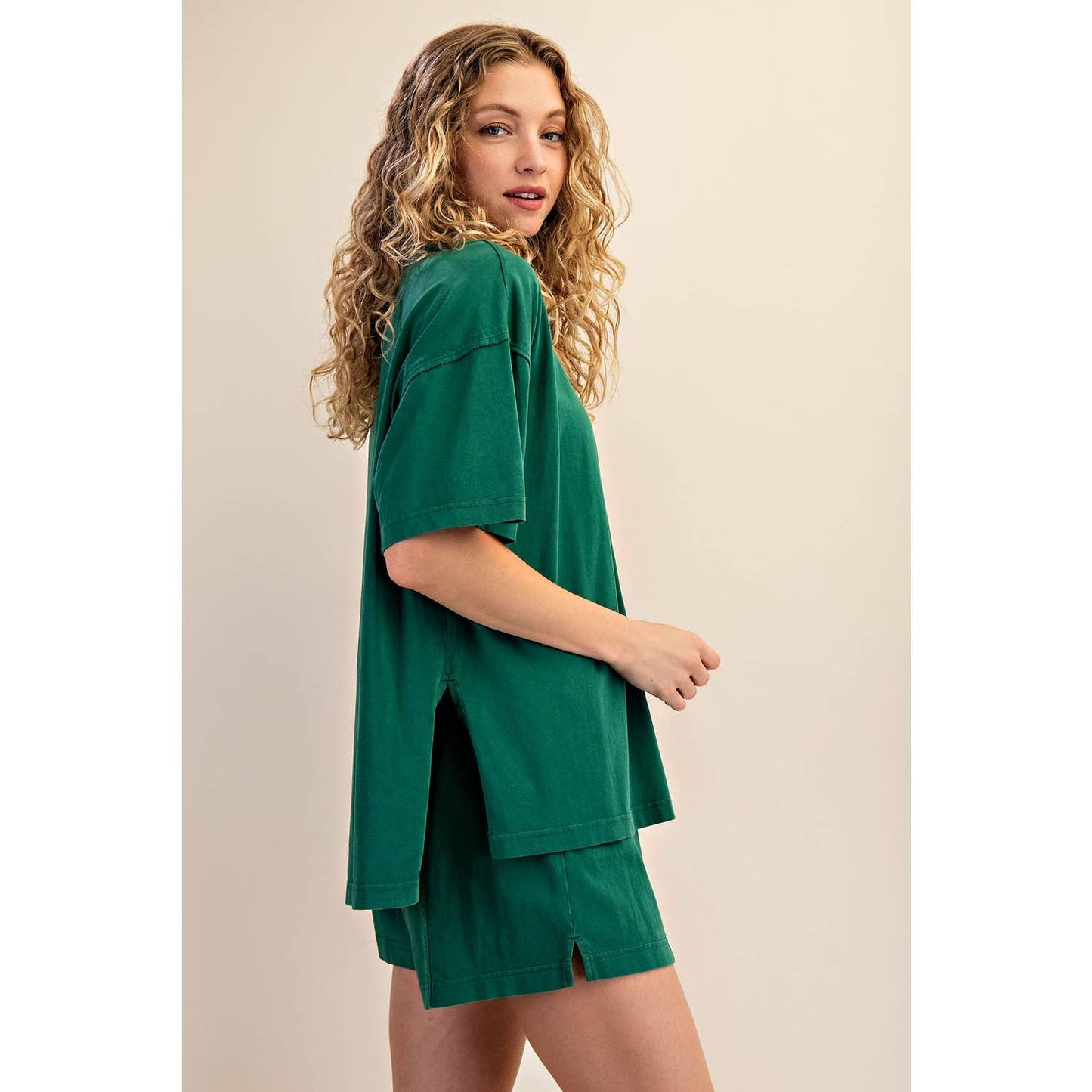 PRISCILLA  MINERAL WASHED COTTON OVERSIZED SLIT TEE & SHORTS