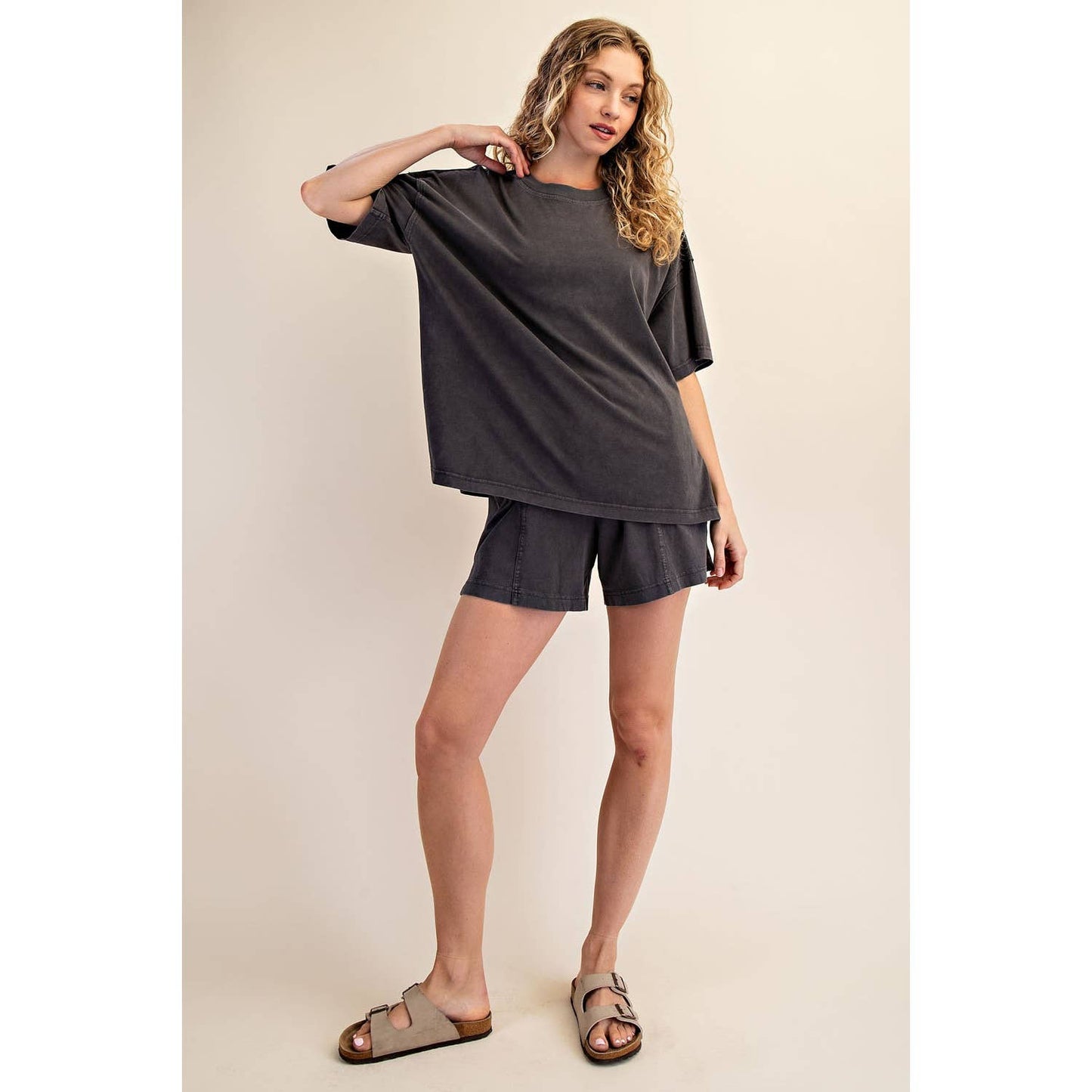 PRISCILLA  MINERAL WASHED COTTON OVERSIZED SLIT TEE & SHORTS