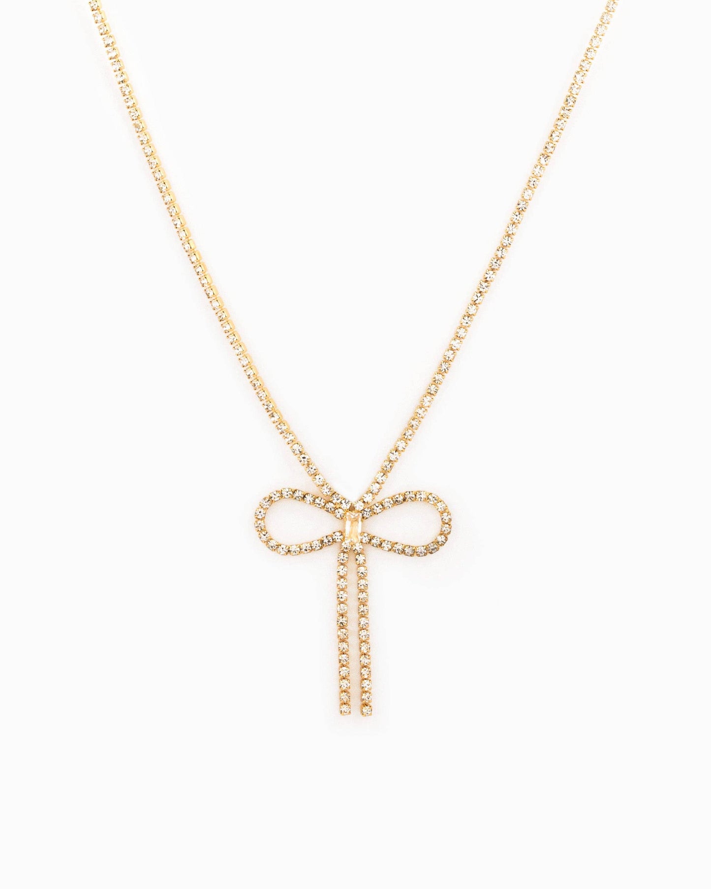 Rhinestone Chain Symmetrical Bow Necklace w/ Baguette CZ