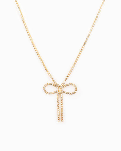 Rhinestone Chain Symmetrical Bow Necklace w/ Baguette CZ