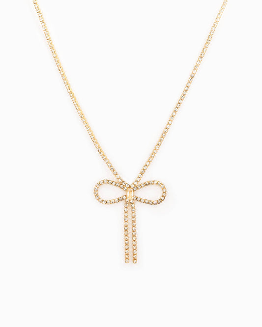 Rhinestone Chain Symmetrical Bow Necklace w/ Baguette CZ
