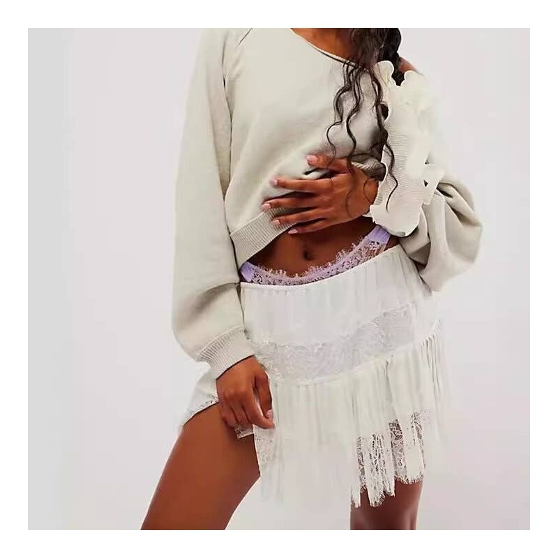 High Waist Lace Mini Skirt With Irregular Hem In Solid Color