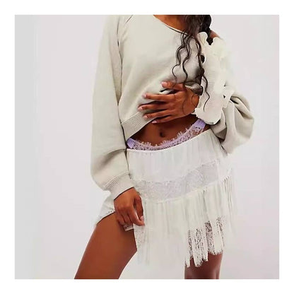 High Waist Lace Mini Skirt With Irregular Hem In Solid Color