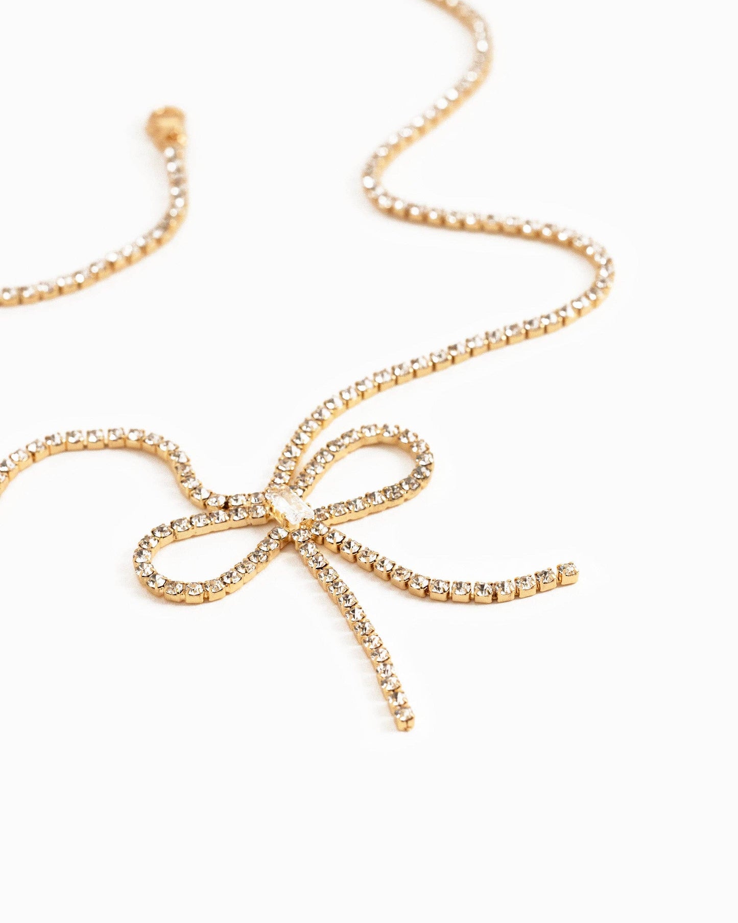 Rhinestone Chain Symmetrical Bow Necklace w/ Baguette CZ