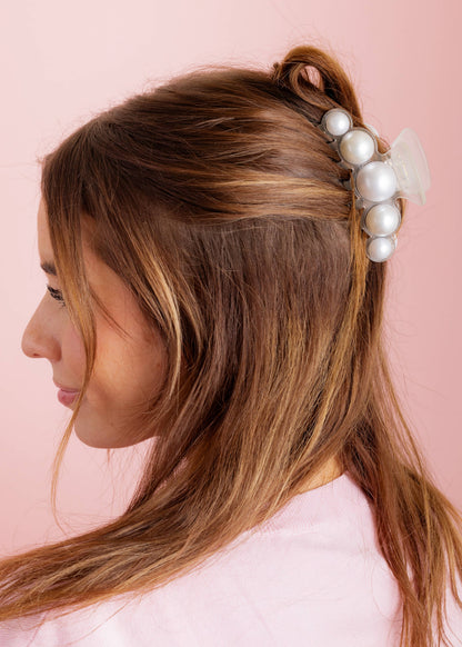 Claw Hair Clip - Large - Clear w/ Pearl Beads