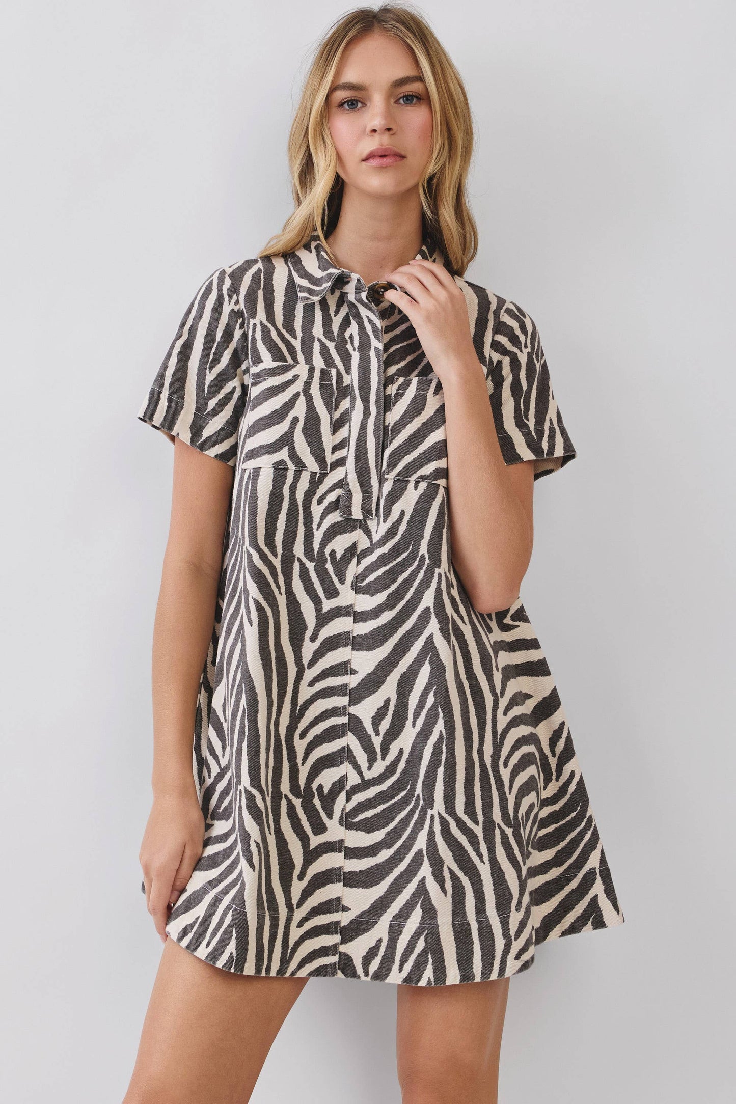 Jenny Mini Zebra Print Button Down Collared Dress