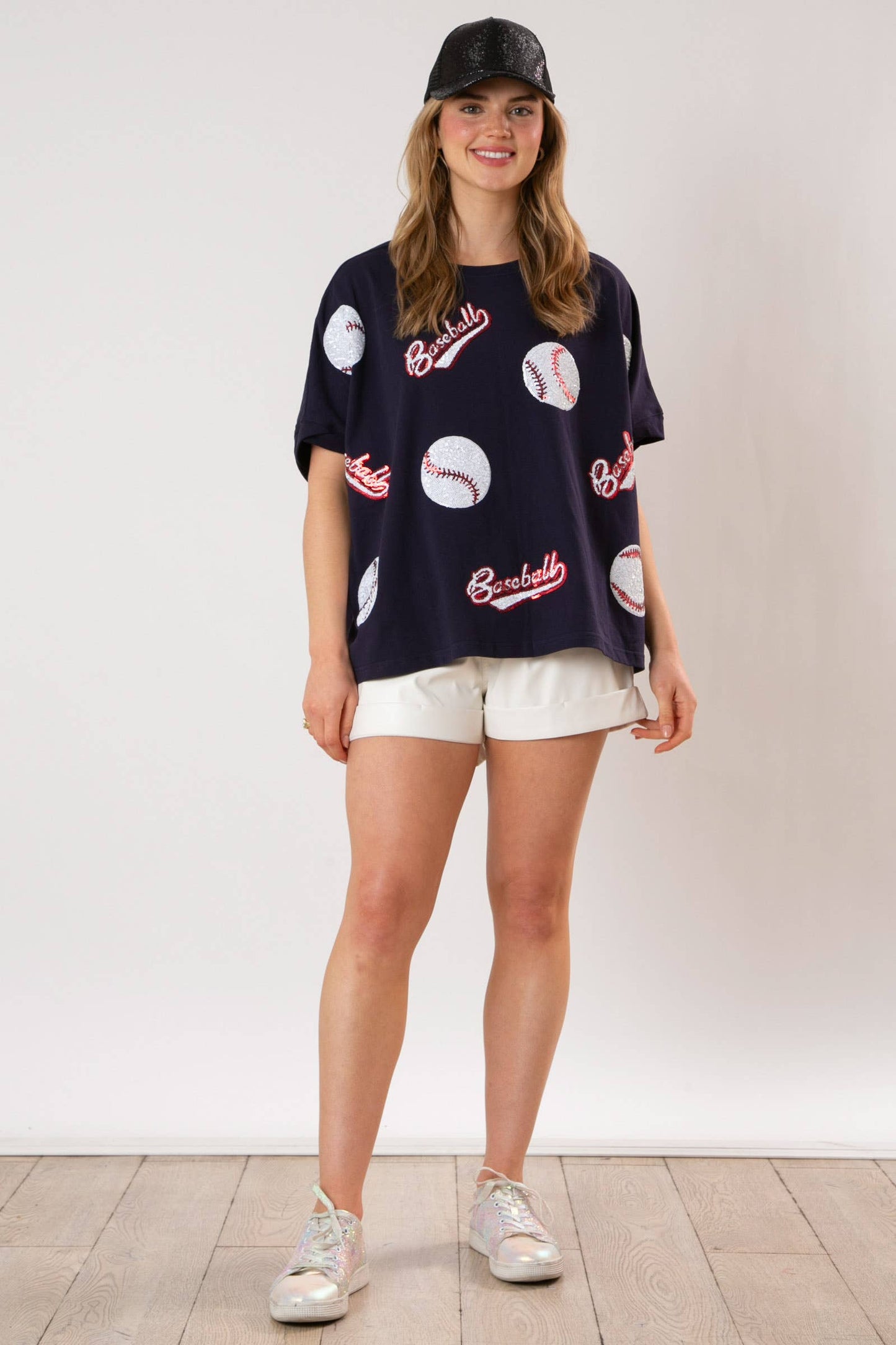 Baseball Sequins Short Sleeve Top
