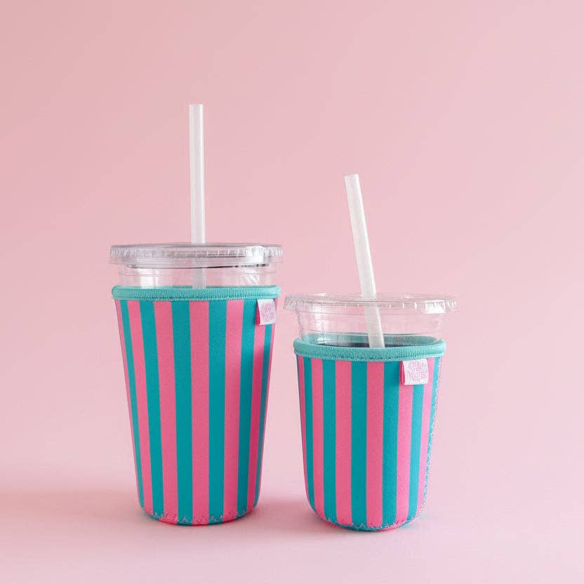 Coffee Cup Cover - Pink & Green Stripes - Iced Drink Sleeve