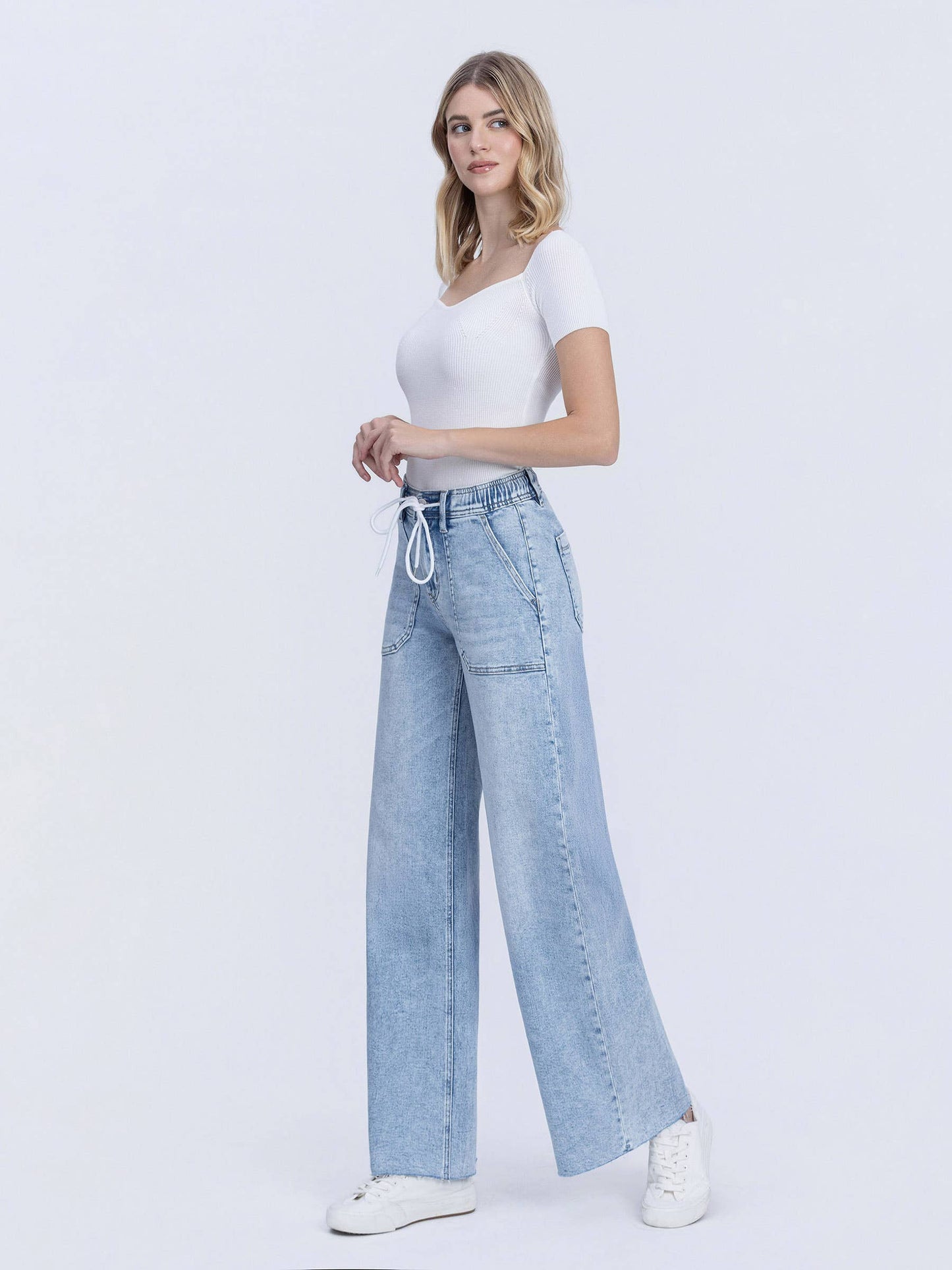 KIM HIGH RISE DRAWSTRING WAISTBAND WIDE LEG JEANS