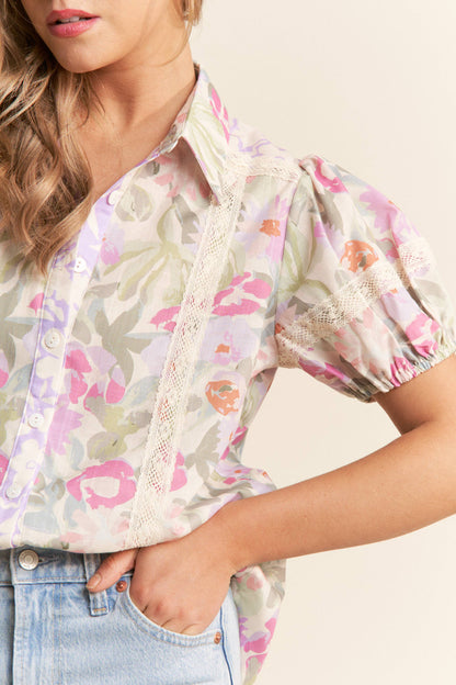 Tosha Floral Print Button Up Puff Short Sleeve Blouse