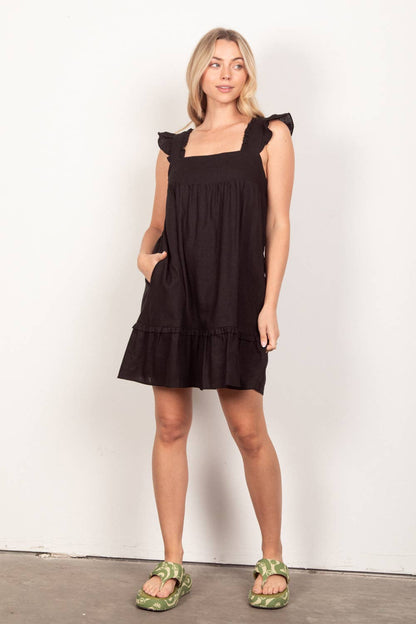 Madison Ruffled Solid Linen Backless Mini Dress