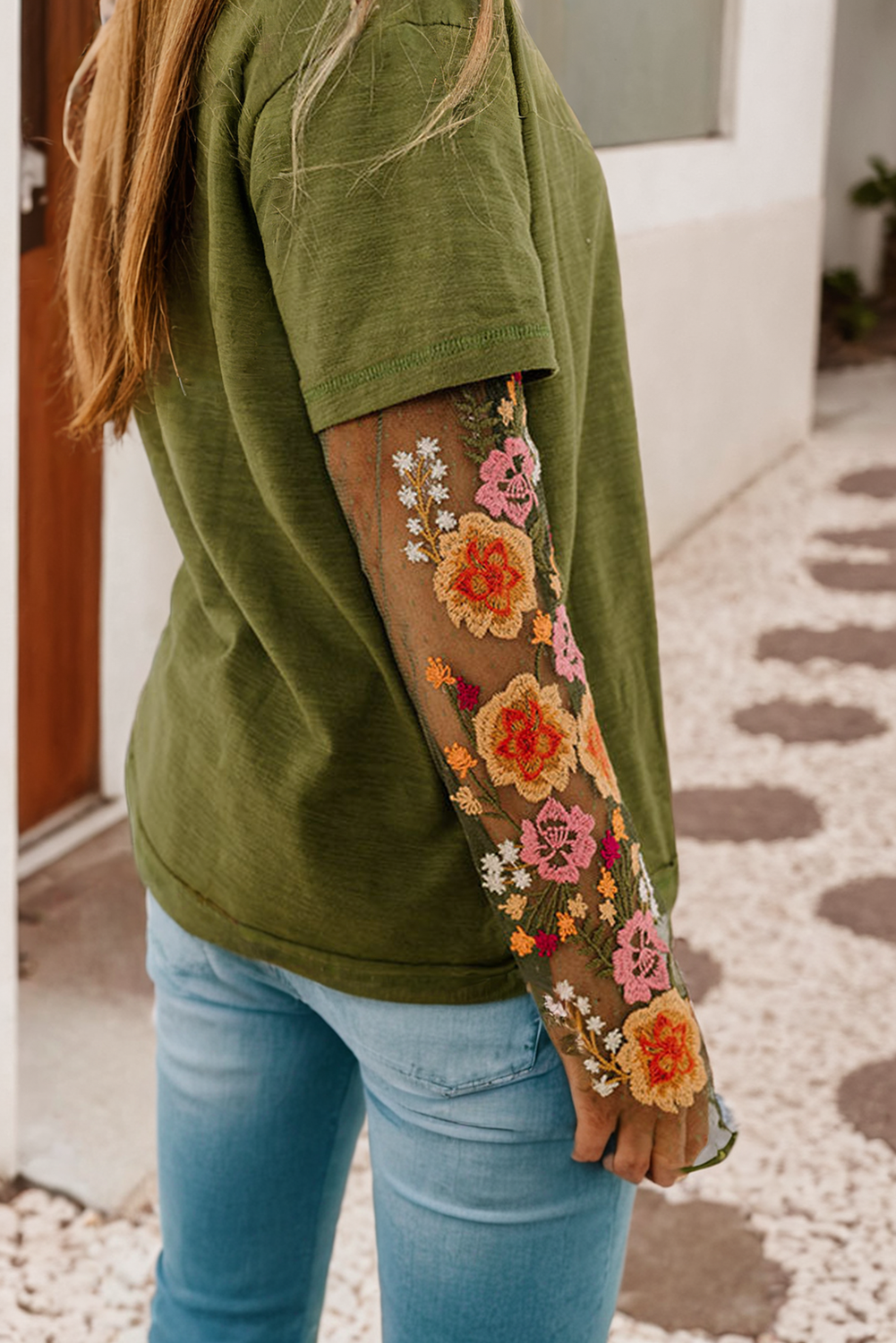 Ava Floral Embroidered Mesh Patchwork Sleeve Crewneck Top